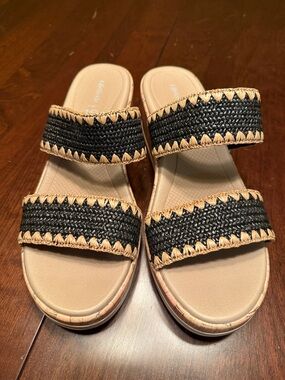 Life Stride Black and Tan Double-Strap Slide Sandals